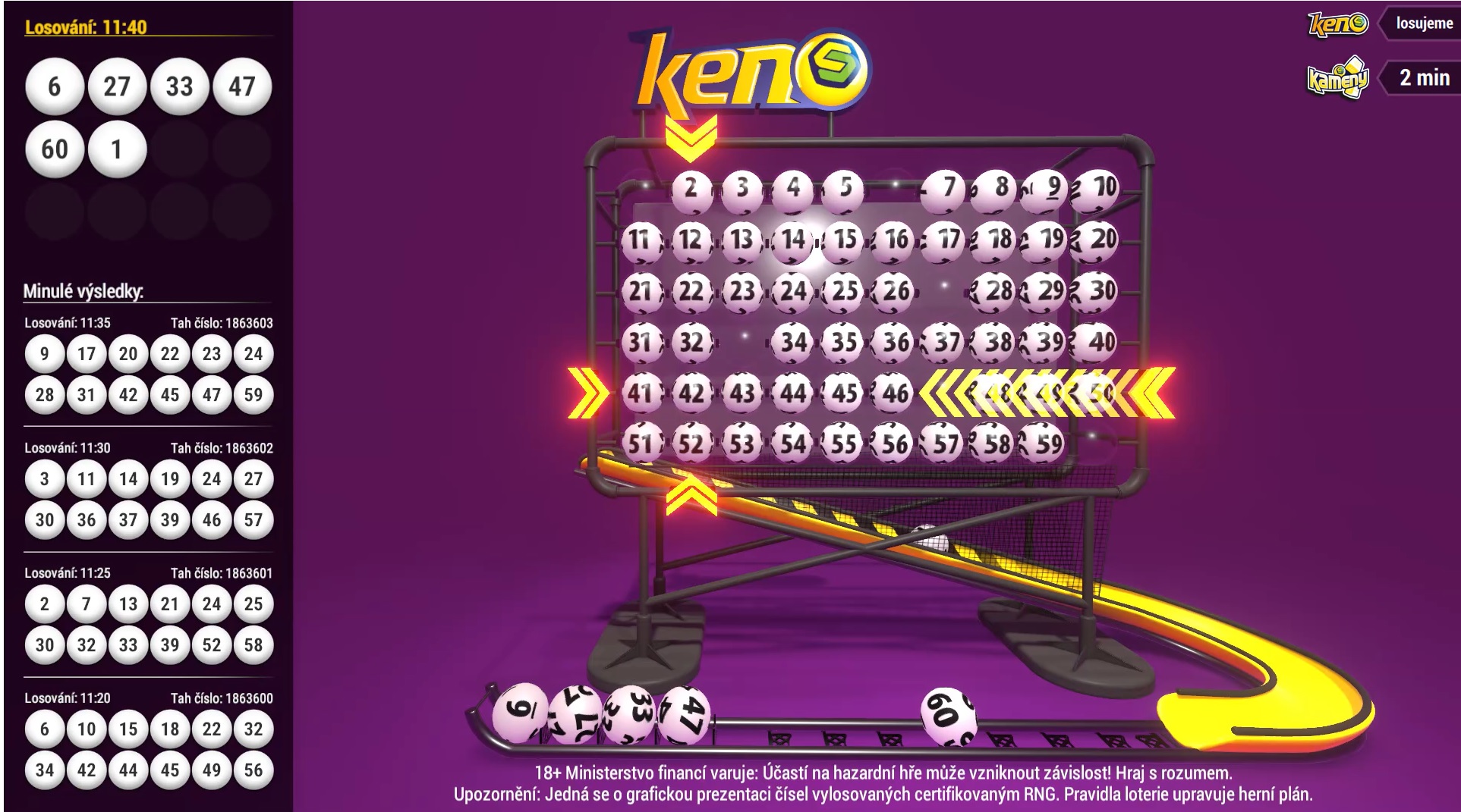 V lobby můžete sledovat i online stream losování loterií Keno a Kameny.