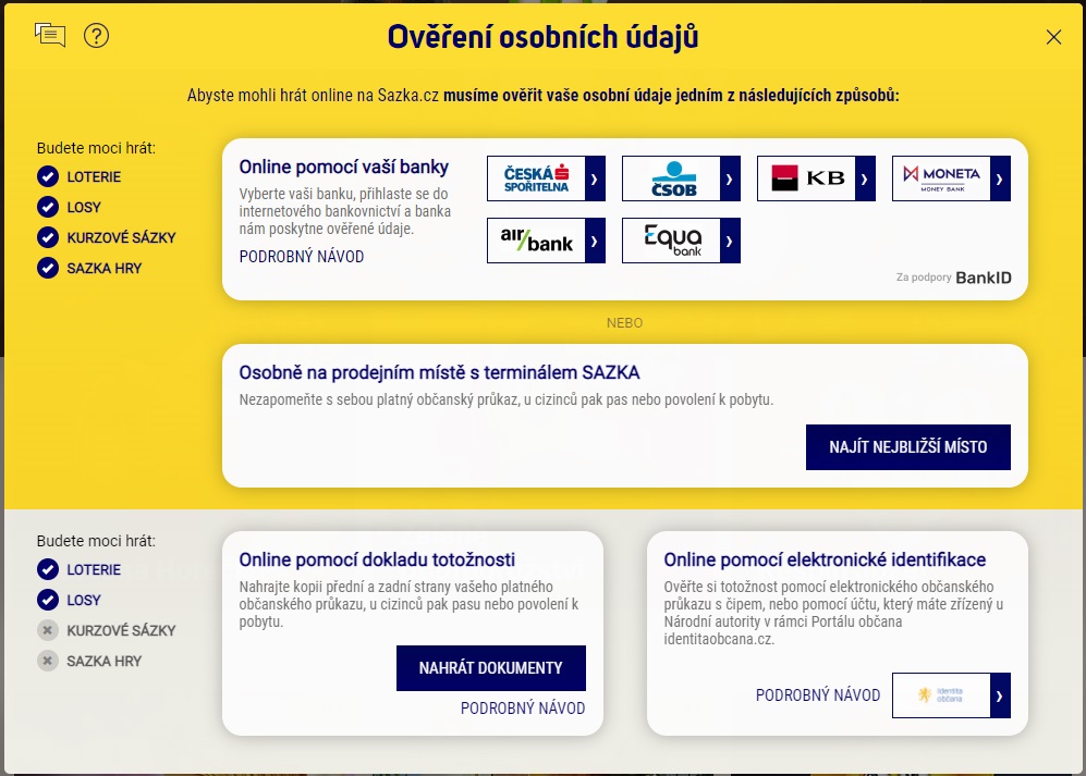 Stačí se přihlásit do svého účtu na Sazka.cz, v přehledu účtu zvolte Ověřit osobní údaje a klikněte na možnost Online pomocí elektronické identifikace. 