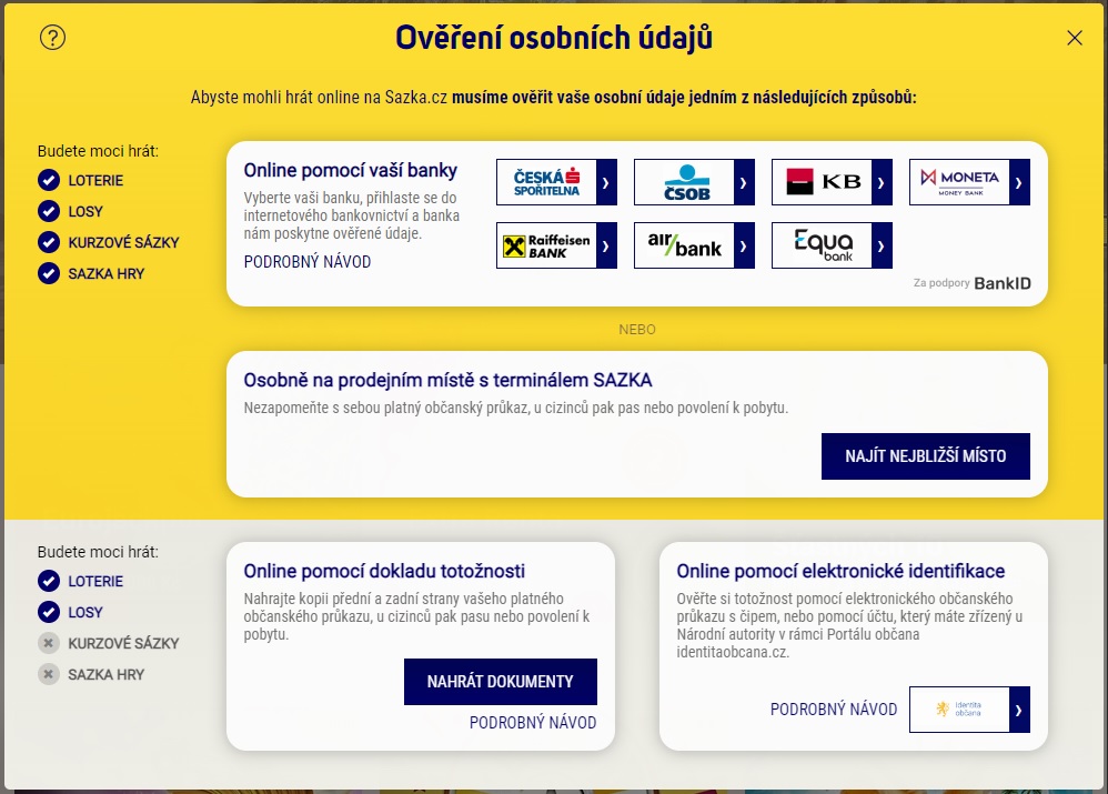 Stačí se přihlásit do svého účtu na Sazka.cz, v přehledu účtu zvolte Ověřit osobní údaje a klikněte na možnost Online pomocí elektronické identifikace. 
