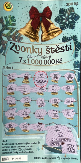 Zvonky štěstí: zvoneček odkryl 1@000@000@Kč - výherní los
